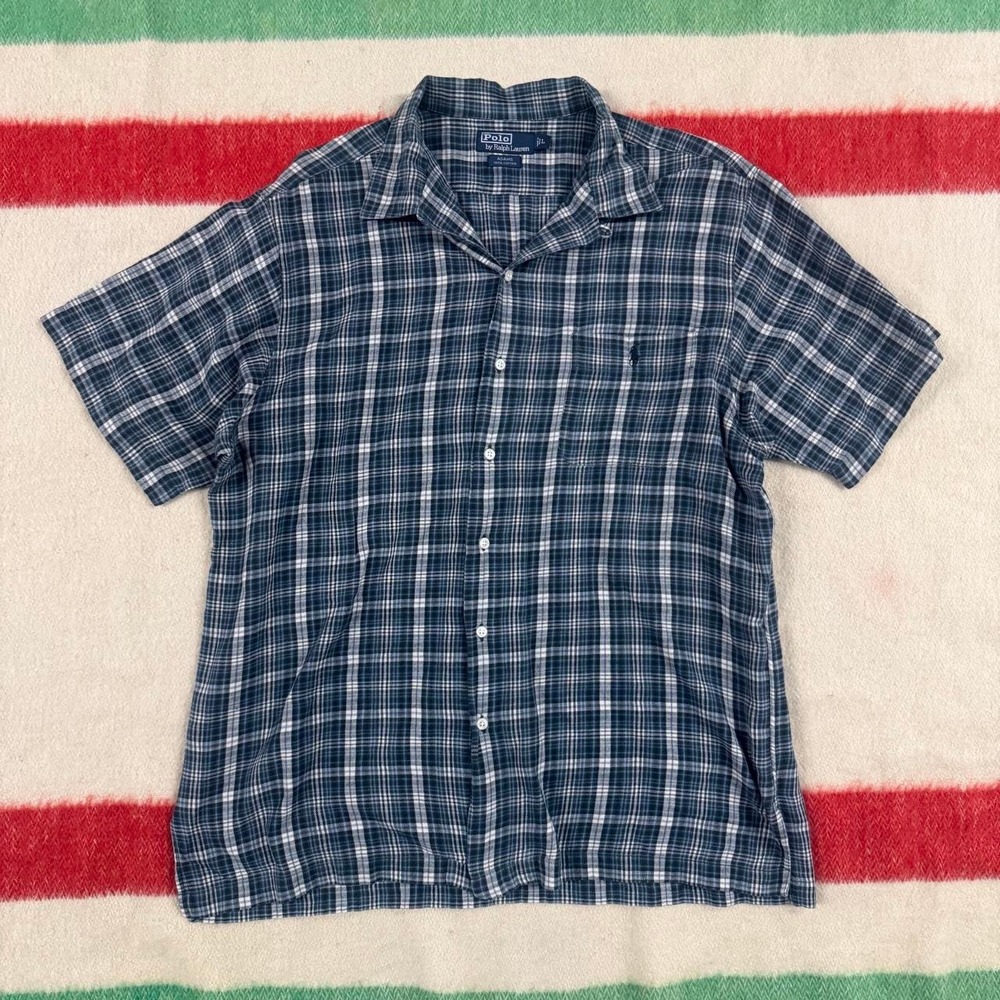 Polo Ralph Lauren Adams Shirt Mens L Vintage Plaid Camp Loop Collar Navy Blue